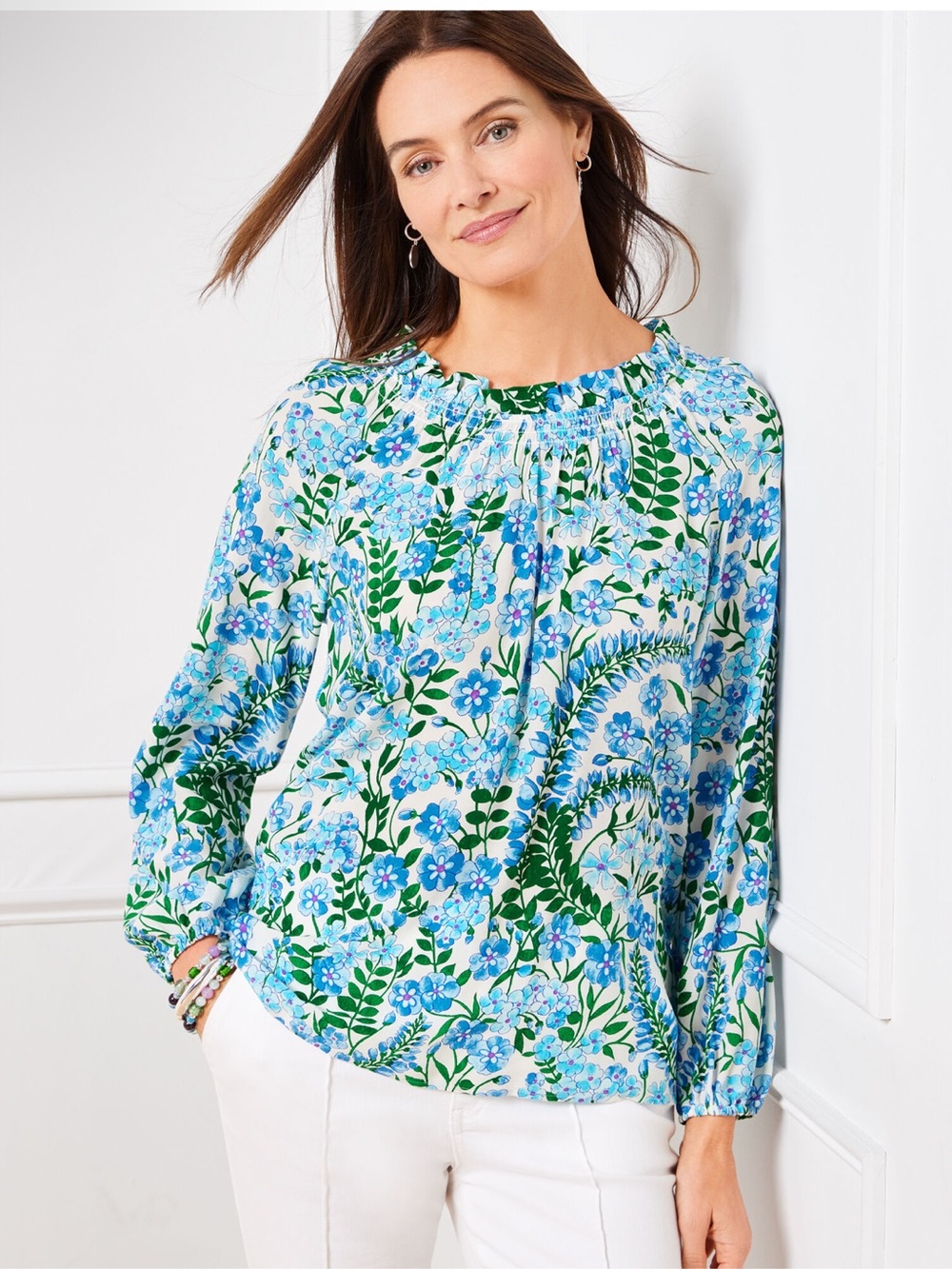 Talbots Blue Green Climbing Floral Smocked Long Sleeve Blouse M Feminine Boho